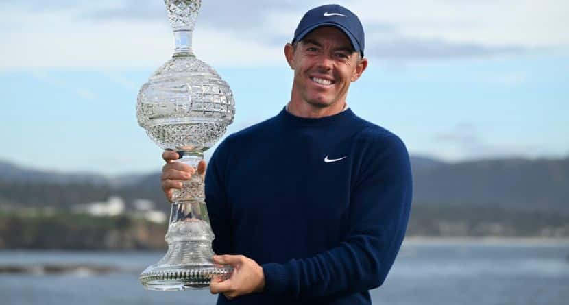 Rory McIlroy, of Northern Ireland, celebrates at Pebble Beach Golf Links after winning the AT&T Pebble Beach Pro-Am golf tournament, Sunday, Feb. 2, 2025, in Pebble Beach, Calif. (AP Photo/Nic Coury)