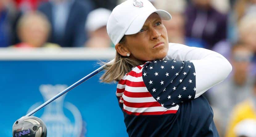 United States' Angela Stanford tees off in the singles matches on Day3 of the Golf Solheim Cup in St.Leon-Rot, Germany, Sunday, Sept. 20, 2015.(AP Photo/Michael Probst)