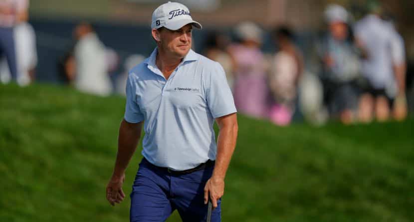 Bud Cauley looks over the 18th green during the third round of The Players Championship golf tournament Saturday, March 15, 2025, in Ponte Vedra Beach, Fla. (AP Photo/Julia Demaree Nikhinson)