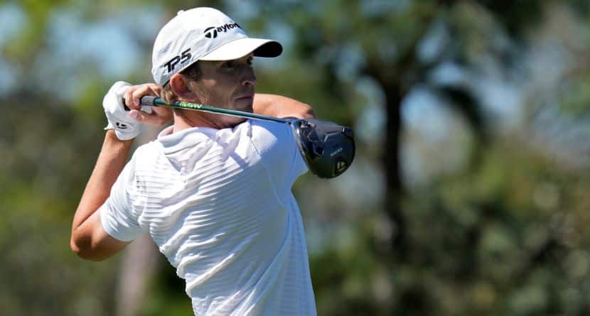 Jacob Bridgeman tees off on the sixth hole during the first round of the Valspar Championship golf tournament Thursday, March 20, 2025, at Innisbrook in Palm Harbor, Fla. (AP Photo/Chris O'Meara)