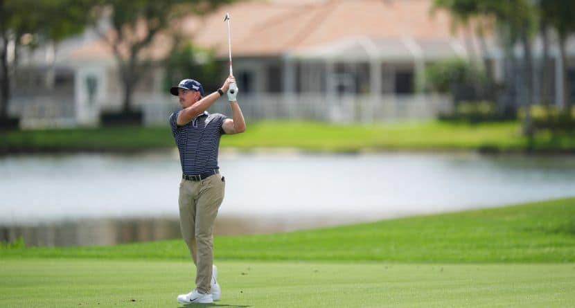 Jake Knapp hits on the 18th hole during the first round of the Cognizant Classic golf tournament, Thursday, Feb. 27, 2025, in Palm Beach Gardens, Fla. (AP Photo/Rebecca Blackwell)