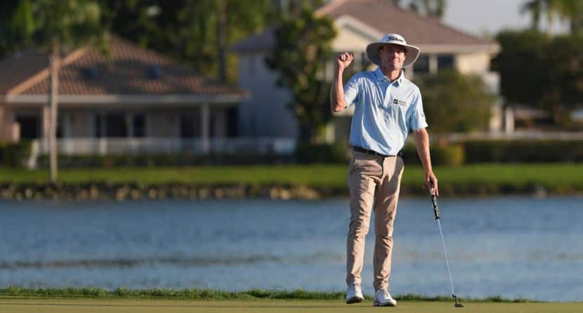 Joe Highsmith pumps his fist after finishing on the 18th green during the final round of the Cognizant Classic golf tournament, Sunday, March 2, 2025, in Palm Beach Gardens, Fla. (AP Photo/Rebecca Blackwell)