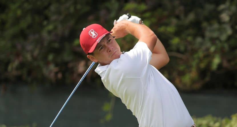 Stanford Karl Vilips during an NCAA golf tournament on Saturday, Sept. 16, 2023, in Chicago. (AP Photo/Melissa Tamez)