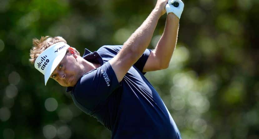 Keith Mitchell hits his tee shot on the ninth hole during the first round of the Valspar Championship golf tournament Thursday, March 20, 2025, at Innisbrook in Palm Harbor, Fla. (AP Photo/Chris O'Meara)