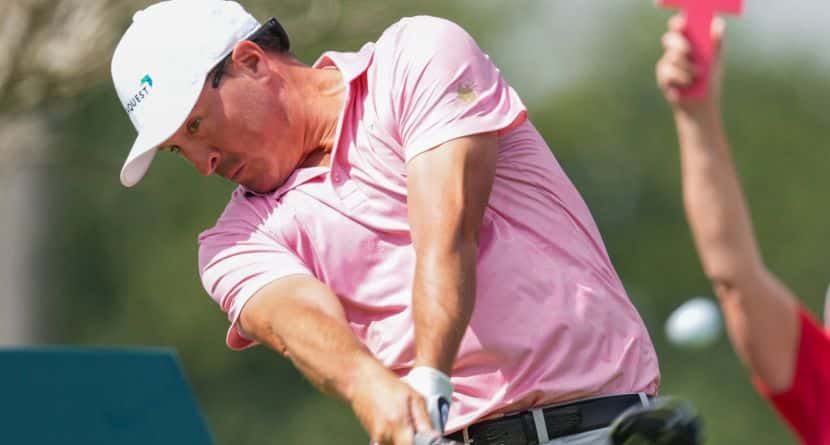 Kevin Roy, of the United States, tees off on the second hole during the third round of the Mexico Open golf tournament in Puerto Vallarta, Mexico, Saturday, Feb. 22, 2025. (AP Photo/Fernando Llano)