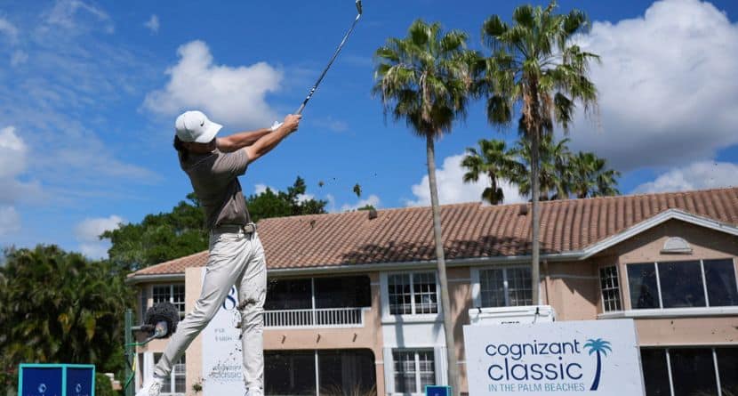 Luke Clanton tees off on the eighth hole during the first round of the Cognizant Classic golf tournament, Thursday, Feb. 27, 2025, in Palm Beach Gardens, Fla. (AP Photo/Rebecca Blackwell)