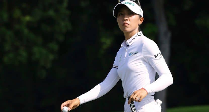 Lydia Ko of New Zealand reacts during the round four of the HSBC Women's World Championship 2025 at Sentosa Golf Club in Singapore, Sunday, March 2, 2025. (AP Photo/Suhaimi Abdullah)