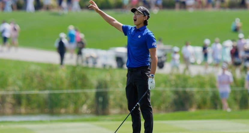 Min Woo Lee yells after hitting his second shot on the ninth hole during the second round of The Players Championship golf tournament Friday, March 14, 2025, in Ponte Vedra Beach, Fla. (AP Photo/Chris O'Meara)