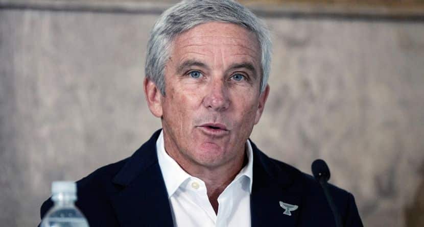 Commissioner of the PGA Tour, Jay Monahan IV speaks during a news conference ahead of the Tour Championship golf tournament, Aug. 28, 2024, in Atlanta. (AP Photo/Mike Stewart)