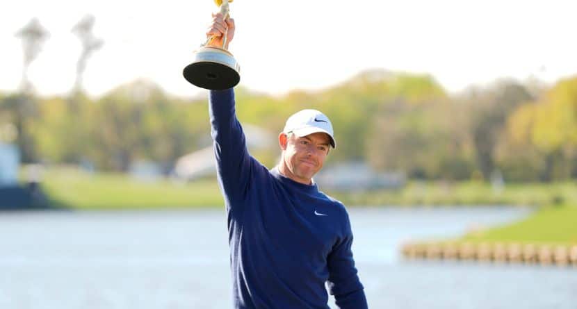 Rory McIlroy, of Northern Ireland, reacts during a trophy ceremony after winning a playoff round of The Players Championship golf tournament Monday, March 17, 2025, in Ponte Vedra Beach, Fla. (AP Photo/Julia Demaree Nikhinson)