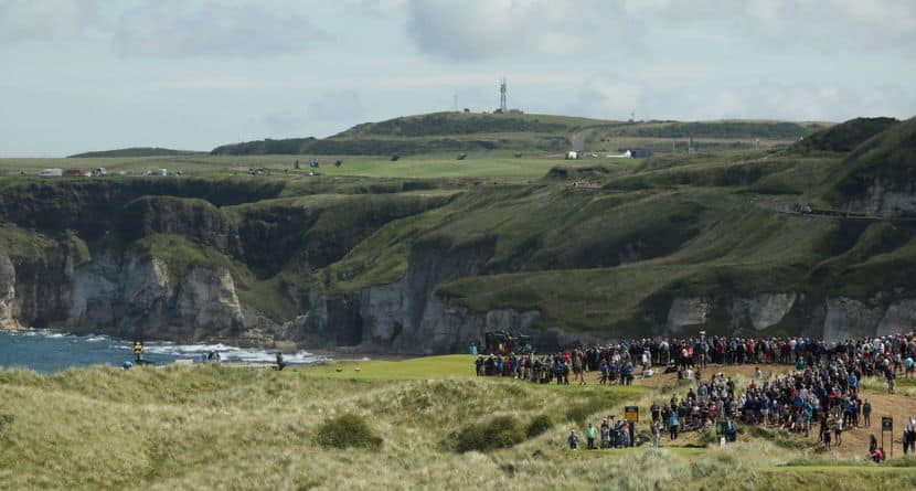 Golfers play from the 7th hole during the third round of the British Open Golf Championships at Royal Portrush in Northern Ireland, Saturday, July 20, 2019.(AP Photo/Jon Super)