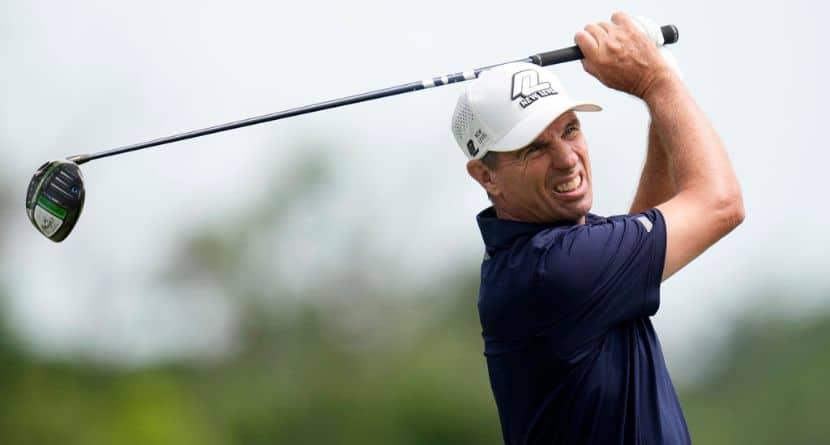 Steven Alker hits off the third tee during the final round of the Champions Tour Principal Charity Classic golf tournament, Sunday, June 2, 2024, in Des Moines, Iowa. (AP Photo/Charlie Neibergall)