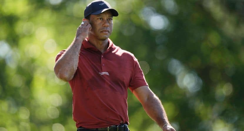 Tiger Woods walks to the green on the fifth hole during final round at the Masters golf tournament at Augusta National Golf Club Sunday, April 14, 2024, in Augusta, Ga. (AP Photo/Charlie Riedel)