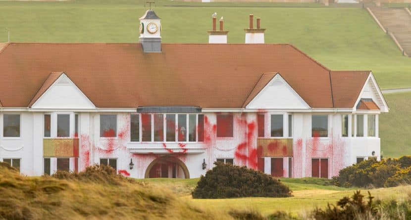 This photo provided by Palestine Action on Saturday, March 8, 2025 shows damage to the Trump owned site of Trump Turnberry golf course and hotel in Scotland. (Palestine Action, Milo Chandler via AP)