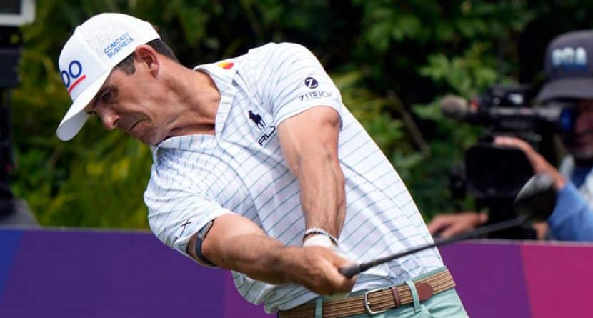 Billy Horschel hits his tee shot on the third hole during the final round of the Valspar Championship golf tournament Sunday, March 23, 2025, at Innisbrook in Palm Harbor, Fla. (AP Photo/Chris O'Meara)