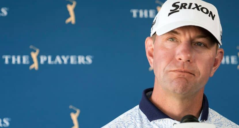 Lucas Glover listens to a question after completing the first round of The Players Championship golf tournament Thursday, March 13, 2025, in Ponte Vedra Beach, Fla. (AP Photo/Chris O'Meara)
