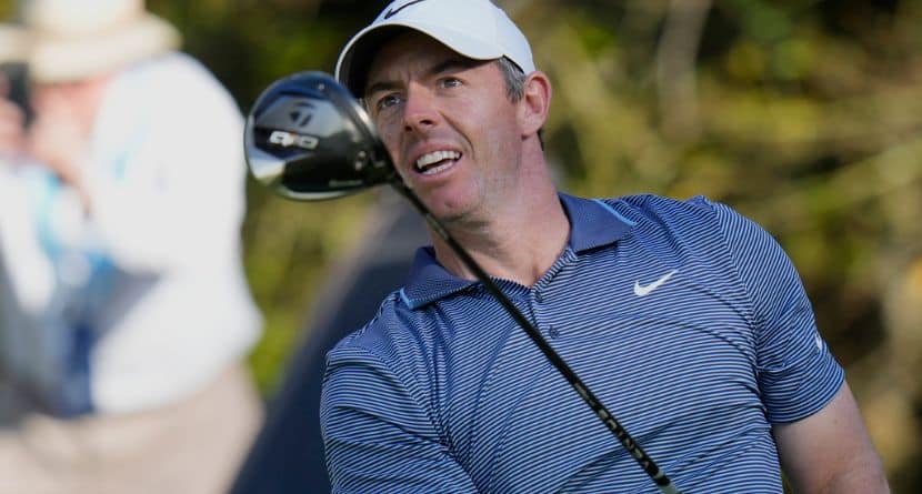 Rory McIlroy watches his tee shot on the 15th hole during the first round of The Players Championship golf tournament Thursday, March 13, 2025, in Ponte Vedra Beach, Fla. (AP Photo/Chris O'Meara)