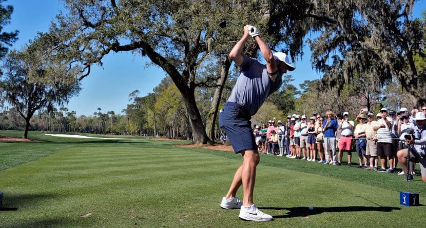 Scottie Scheffler tees off on the sixth hole during a practice round at The Players Championship golf tournament Wednesday, March 12, 2025, in Ponte Vedra Beach, Fla. (AP Photo/Chris O'Meara)