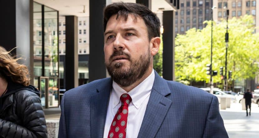 Richard Globensky, of Georgia, walks out of the Dirksen Federal Courthouse after pleading guilty to transporting stolen golf merchandise and memorabilia from the Augusta National Golf Club, Wednesday, May 15, 2024. (Ashlee Rezin/Chicago Sun-Times via AP)