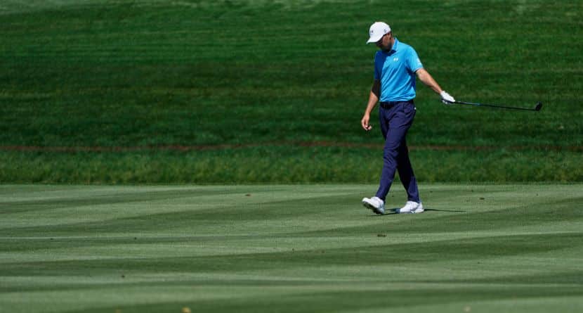 Jordan Spieth walks up the ninth fairway during the first round of The Players Championship golf tournament Thursday, March 13, 2025, in Ponte Vedra Beach, Fla. (AP Photo/Julia Demaree Nikhinson)