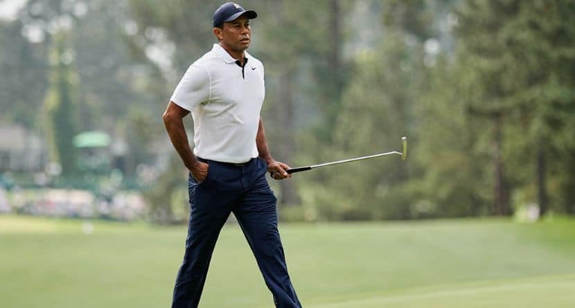 Tiger Woods walks on the first hole during the first round of the Masters golf tournament at Augusta National Golf Club on Thursday, April 6, 2023, in Augusta, Ga. (AP Photo/David J. Phillip)