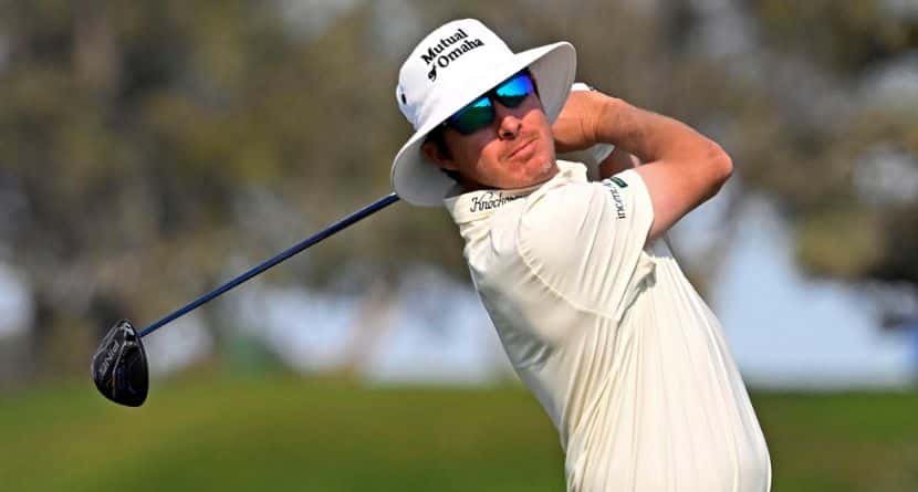 Joel Dahmen hits his tee shot on the fifth hole on the South Course at Torrey Pines during the third round of the Farmers Insurance Open golf tournament Friday, Jan. 24, 2025, in San Diego. (AP Photo/Denis Poroy)