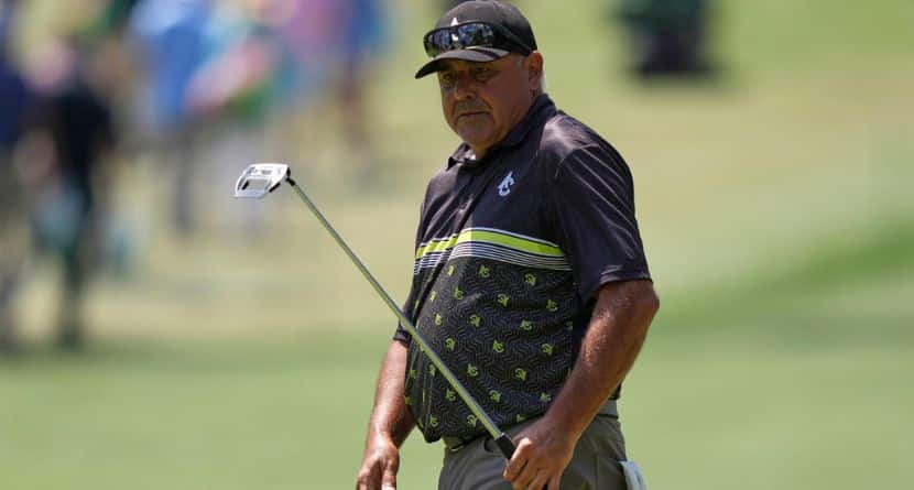 Angel Cabrera, of Argentina, lines up a putt on the sixth hole during the first round at the Masters golf tournament, Thursday, April 10, 2025, in Augusta, Ga. (AP Photo/Matt Slocum)