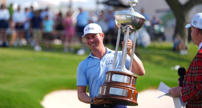 Ben Griffin celebrates after winning the Charles Schwab Challenge golf tournament at Colonial Country Club in Fort Worth, Texas, Sunday, May 25, 2025. (AP Photo/Julio Cortez)