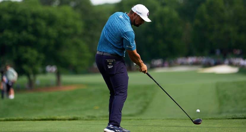 Bryson DeChambeau hits his tee shot on the 15th hole during the second round of the PGA Championship golf tournament at the Quail Hollow Club, Friday, May 16, 2025, in Charlotte, N.C. (AP Photo/George Walker IV)