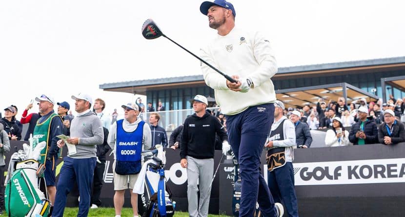 Captain Bryson DeChambeau of Crushers GC hits his shot from the first tee during the second round of LIV Golf Korea at Jack Nicklaus Golf Club on Saturday, May 3, 2025 in Incheon, South Korea. (Pedro Salado//LIV Golf via AP)