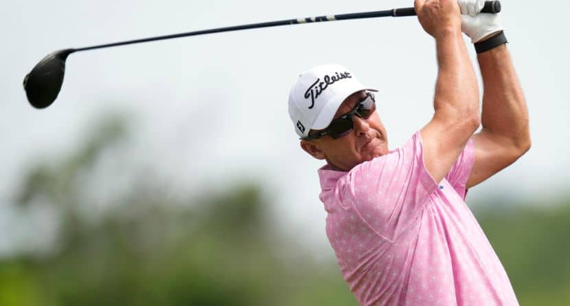 Cameron Percy hits off the third tee during the final round of the Champions Tour Principal Charity Classic golf tournament, Sunday, June 2, 2024, in Des Moines, Iowa. (AP Photo/Charlie Neibergall)