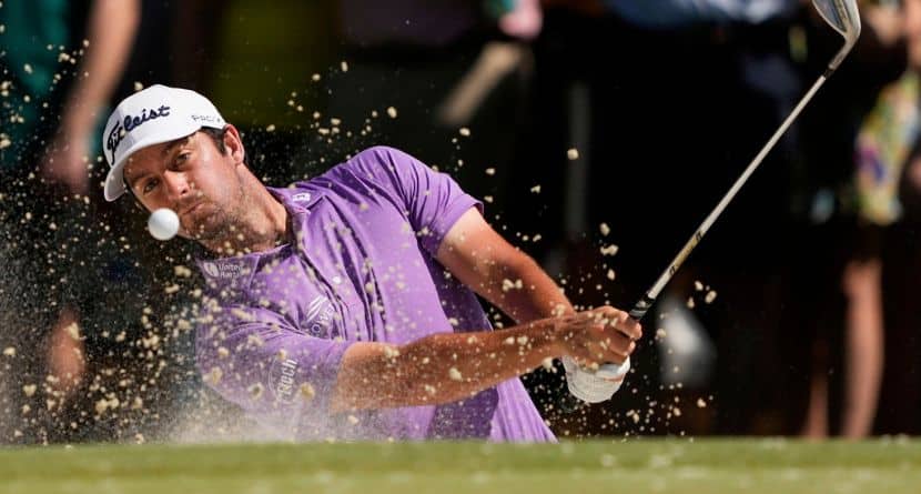Davis Riley hits from the bunker on the sixth hole during the final round of the PGA Championship golf tournament at the Quail Hollow Club, Sunday, May 18, 2025, in Charlotte, N.C. (AP Photo/Matt York)