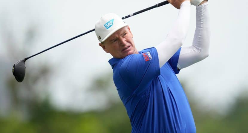 Ernie Els watches his shot off the third tee during the final round of the Champions Tour Principal Charity Classic golf tournament, Sunday, June 2, 2024, in Des Moines, Iowa. (AP Photo/Charlie Neibergall)