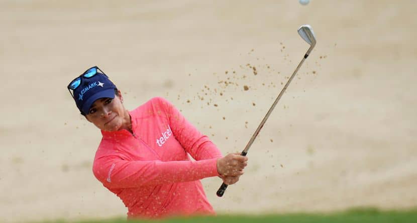 Gaby Lopez, of Mexico, hits on the eighth hole during the first round of the Chevron Championship LPGA golf tournament Thursday, April 24, 2025, in The Woodlands, Texas. (AP Photo/Eric Gay)
