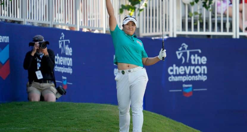 Haeran Ryu, of South Korea, celebrates her shot on the 18th green during a playoff round of the Chevron Championship LPGA golf tournament Sunday, April 27, 2025, in The Woodlands, Texas. (AP Photo/Ashley Landis)