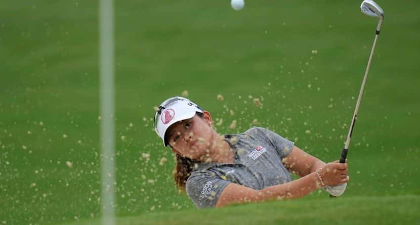 Jenny Bae hits on the eighth hole during the first round of the Chevron Championship LPGA golf tournament Thursday, April 24, 2025, in The Woodlands, Texas. (AP Photo/Eric Gay)