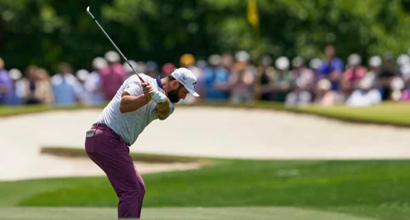 Jon Rahm, of Spain, hits from the fairway on the fifth hole during the third round of the PGA Championship golf tournament at the Quail Hollow Club, Saturday, May 17, 2025, in Charlotte, N.C. (AP Photo/Matt York)