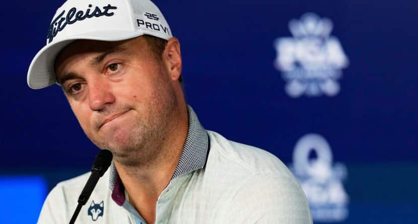 Justin Thomas speaks during a news conference at the PGA Championship golf tournament at the Quail Hollow Club, Tuesday, May 13, 2025, in Charlotte, N.C. (AP Photo/Matt York)