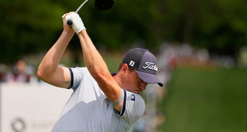 Justin Thomas hits his tee shot on the eighth hole during the first round of the PGA Championship golf tournament at the Quail Hollow Club, Thursday, May 15, 2025, in Charlotte, N.C. (AP Photo/David J. Phillip)