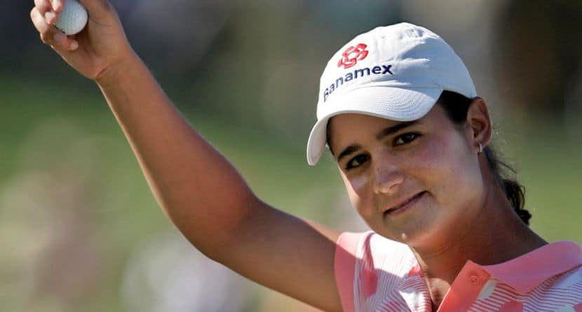 Lorena Ochoa, of Mexico, reacts after sinking the final putt to win the LPGA Samsung Challenge golf tournament at Bighorn Golf Club in Palm Desert, Calif., Oct. 15, 2006. (AP Photo/Reed Saxon)