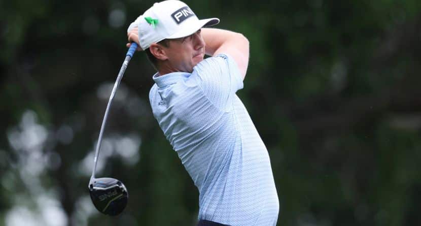 Mackenzie Huhges hits off the ninth tee during the first round of the CJ Cup Byron Nelson golf tournament in McKinney, Texas, Thursday, May 1, 2025. (AP Photo/Gareth Patterson)