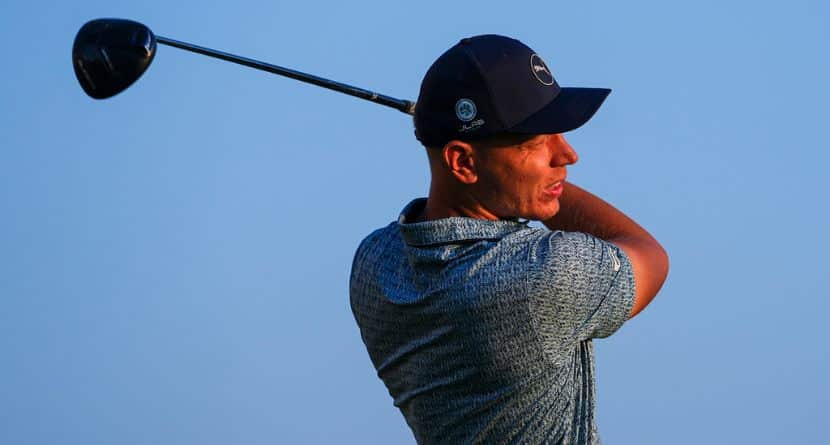 Matti Schmid watches his shot off the first tee during the first round of the Charles Schwab Challenge golf tournament at Colonial Country Club in Fort Worth, Texas, Thursday, May 22, 2025. (AP Photo/Julio Cortez)