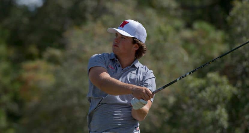 Mississippi golfer Michael La Sasso tees off during an NCAA golf tournament on Saturday, Oct. 19, 2024, in Biloxi, Miss. (AP Photo/Matthew Hinton)