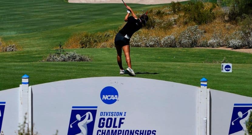 Southern Methodist golfer Michelle Zhang hits from the second tee during the final round of the NCAA college women's golf championship at Grayhawk Golf Club, Monday, May 22, 2023, in Scottsdale, Ariz. (AP Photo/Matt York)