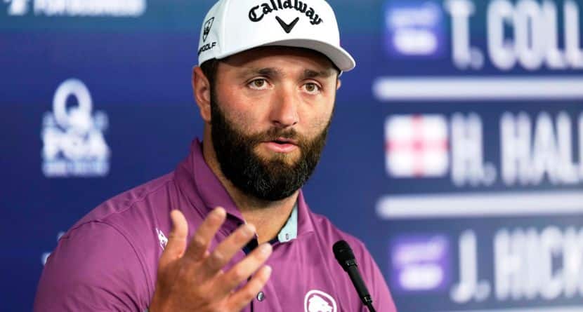 Jon Rahm, of Spain, speaks during a news conference at the PGA Championship golf tournament at the Quail Hollow Club, Tuesday, May 13, 2025, in Charlotte, N.C. (AP Photo/Matt York)