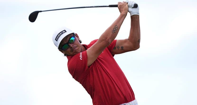 Rickie Fowler hits on the 13th hole during the first round of the Truist Championship golf tournament at the Philadelphia Cricket Club, Thursday, May 8, 2025, in Flourtown. (AP Photo/Matt Rourke)