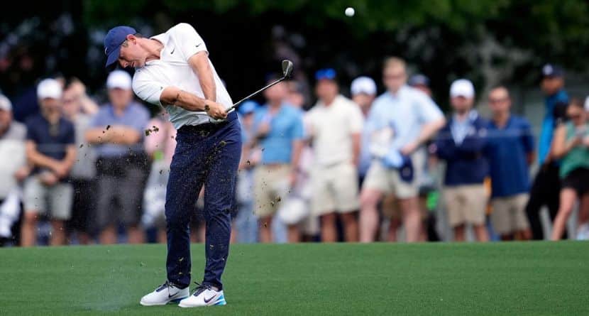 Rory McIlroy, of Northern Ireland, hits from the fairway on the first hole during a practice round for the PGA Championship golf tournament at the Quail Hollow Club, Tuesday, May 13, 2025, in Charlotte, N.C. (AP Photo/George Walker IV)