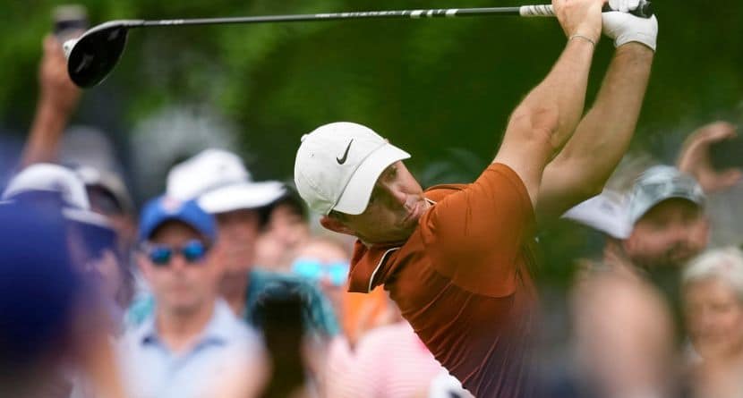 Rory McIlroy, of Northern Ireland, hits his tee shot on the third hole during the second round of the PGA Championship golf tournament at the Quail Hollow Club, Friday, May 16, 2025, in Charlotte, N.C. (AP Photo/David J. Phillip)