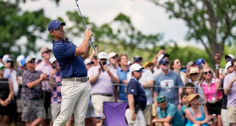 Rory McIlroy, of Northern Ireland, watches his tee shot on the 17th hole during the third round of the PGA Championship golf tournament at the Quail Hollow Club, Saturday, May 17, 2025, in Charlotte, N.C. (AP Photo/George Walker IV)