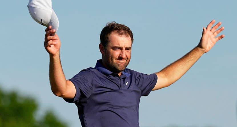 Scottie Scheffler celebrates after winning the PGA Championship golf tournament at the Quail Hollow Club, Sunday, May 18, 2025, in Charlotte, N.C. (AP Photo/George Walker IV)